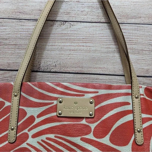 Kate Spade New York Large Canvas Tote Bag No Zipper Tropical Print Cream Red - Picture 3 of 10